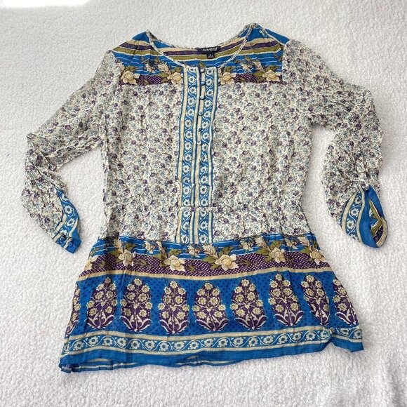 Lucky Brand Tops - Lucky Brand Blouse Womens L Blue Purple Peasant Y2K Fairy Boho Festival Artsy